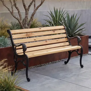 Gartenbank HWC-O25, Sitzbank Parkbank Holzbank 2-Sitzer, Gusseisen Holz Kiefer, 132cm natur - Braun