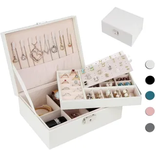 Homtibrm Schmuckkasten, Schmuckkästchen mit 2 Ebenen, PU-Leder Schmuckbox Schmuckschatulle Groß Schmuck Organizer für Ringe Ohrringe Armbänder Halsketten, Weiß