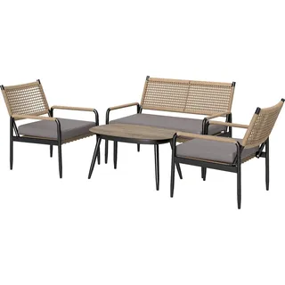 Gartenmöbel Set aus Polyrattan Lounge-Set mit 2er Sofa Sessel Glastisch Kissen wetterfest Sitzgruppe für 4 Personen Outdoor Balkonmöbel Set Terrassenmöbel für Garten Balkon Dunkelgrau+Gelb |