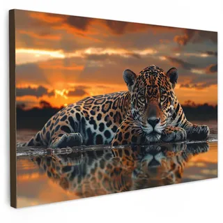 MuchoWow Leinwandbild Natur - Leopard - Tier - Sonnenuntergang - Modern Wanddeko 90x60 cm , Textil , Rechteckig , 90x60 cm , FSC 100% , gerahmt , Bilder & Rahmen, Bilder, Leinwandbilder