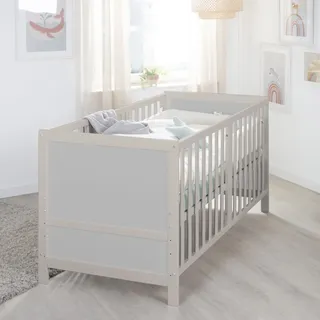 roba Babybett EASY SLEEP 70 x 140 cm inkl. Umbauecken - Mitwachsendes Gitterbett 3-fach höhenverstellbar - 3 Schlupfsprossen - Holz natur/grau