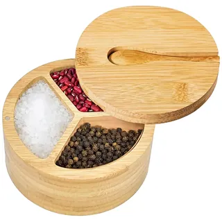 Packool Salz- und Pfefferstreuer, Gewürzbehälter mit Löffel und Selbstklebendem Deckel, 3-teilige Salz- und Pfefferbox aus Holz, 12 cm (4,7 Zoll) Küchenaufbewahrung aus Holz