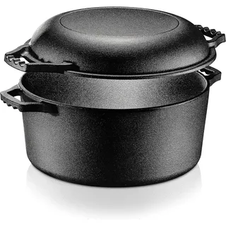 NutriChef Gusseisen Bräter mit Deckel Induktion –Dutch Oven Set, Lodge Cast Iron Pot – Schmortopf mit Deckel 2in1: Gusseisen Topf zum Brot Backen & Gusseiserne Pfanne, Töpfe & Pfannen Backofengeeignet