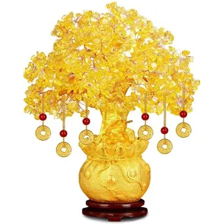 Ibenzoa® Citrin-Glücksbaum aus goldenem Harz – Feng‐Shui Geldbaum, Dekobonsai mit 6 Geldanhängern, 16×18 cm, Holzsockel – Deko für Zuhause & Büro - Gold