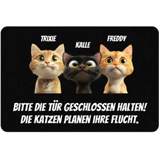 Fußmatte Katze Personalisiert | Mit bis zu 4 Katzen Fussmatte 60 x 40 cm | Geschenke für Katzenbesitzer Katzenmama Katzenpapa zum Einzug | 3 Katzen Planen die Flucht