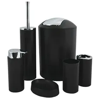 MSV Badezimmer Set, 6-teiliges Badzubehör Seifenspender, WC Bürste, Seifenschale, Kosmetikeimer und Zahnputzbecher Schwarz matt