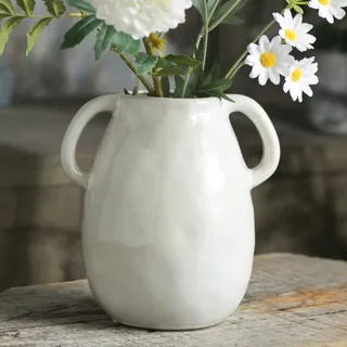 Tanvecle Weiße Keramikvase mit 2 Griffen, moderne Bauernhausvase für Heimdekoration, rustikale Terrakotta-Vase, dekorative Keramik-Blumenvase, Ton-Samll-Vase, Tafelaufsätze für Esstisch – 17,8 cm hoch