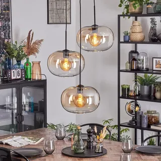 HOFSTEIN Hängeleuchte Apedo, 3-flammige Hängelampe aus Metall/Glas in Schwarz/Bernsteinfarben/Klar, moderne Pendelleuchte im Retro/Vintage-Design, Schirme Ø 30 cm, E27, Esszimmer, Küche, Wohnzimmer