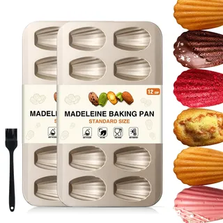 OAMCEG Madeleines Backform, 12 Mulden 2 Stück Madeleine Form, Antihaftbeschichtet Karbonstahl mit Backpinsel für Ofen Backen Schokolade Brownies Kekse (Gold)