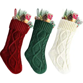 Meiwash Weihnachtssocken Deko Weihnachten Strumpf Weihnachtssocke Kabel Gestrickt Strumpf Burgund Stricken Größe Personalisiert Weihnachtsstrümpfe Geschenk Dekorationen (46cm, Rot+Grün+Weiß)