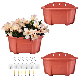 ORIMERC 3er Wandbehang Pflanzgefäß Blumentopf für Geländer Zaun Balkon Veranda Außen-und Innenbereich Küche Kräuterpflanzenkorb Vertikaler Garten Wohnwandmontage-halbrund-Flache Rückseite-Ziegelrot