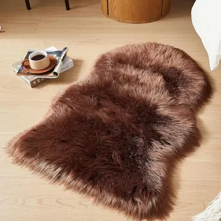 JXLOULAN Faux Schaffell Teppich Dunkelbraun 40x60 cm, Weicher Flauschiger Longhair Fell Lammfellimitat Teppich für Wohnzimmer Deko Stühle Sofa Schlafzimmer