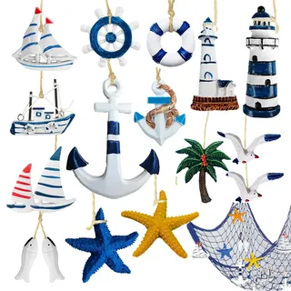 Ahaimy 15 Stück Meeresdekoration, Maritimes Dekorationsset | Holz Anker Dekoration Steuerrad, Maritime Deko, Deko Maritim, Für Mini-Fischernetz, Wanddekorationen