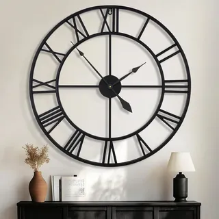 HAITANG 100CM große Wanduhr XXL, übergroß modernes rundes, schwarz Metall geräuschlos, Fast Nicht tickend Batteriebetrieben, römische Ziffern, Uhren für Wohnzimmer, Schlafzimmer Wanduhr Dekoration