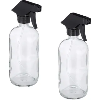 Relaxdays Sprühflasche Glas, Set, 2x 500ml, nachfüllbar, transparent | Nebel u. Strahl, Haarpflege, Reinigung, Zerstäuber
