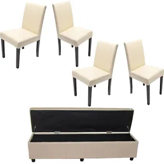Garnitur Sitzgruppe Bank mit Aufbewahrung Kriens XXL+4 Stühle Littau, Kunstleder/Leder - creme - Weiß