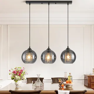 JHYPVII Glas Pendelleuchte Esstisch 3 Flammig Schwarz Metall Esszimmerlampe Hängend Rauchgrau Glaskugel Pendellampe Höhenverstellbar mit Kreative Kristall Design E27 Hängelampe für Küchen Wohnzimmer