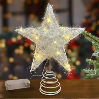 Bseical Weihnachtsbaumspitze Stern, 25 x 20cm Weihnachtsbaum Stern Spitze, Glitzernder Weihnachtsbaumspitzen, Metall Baumspitze Weihnachten, Christbaumspitze Weiß für Weihnachtsbaum Deko