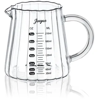 Joeyan 210ml/7oz Espresso Messbecher Glas mit Griff, Klein Coffee Measuring Cup mit Skala, Transparent Milchkännchen mit V-förmiger ausguss,Messgläser ml/oz für Cocktail Kaffee Matcha, Borosilikatglas
