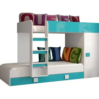 Etagenbett für Kinder Toledo 2 Stockbett mit Treppe und Bettkasten (Weiß + Türkis Glanz) - Weiß, Türkis