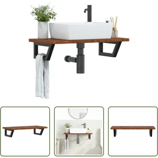 The Living Store Waschtischplatte mit Halterung Stahl und Massivholz Eiche - Braun