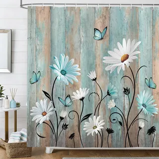 hometrixx Bauernhaus Blumen Duschvorhang 180 x 200 cm Türkis Gänseblümchen Schmetterling Holzbrett Badevorhänge Polyester Badezimmervorhang für Dusche Bad Wasserdicht Maschinenwaschbar mit 12 Ringe