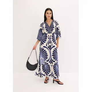 Maxikleid BONPRIX, Damen, Gr. 50, N-Gr, dunkelblau, wollweiß bedruckt, Obermaterial: 100% Viskose, oversize, Kleider Maxikleid, für Frühling und Sommer, aus Viskose, Oversize Passform, mit Druck