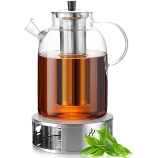 GOEDCH 1.8L Teekanne Glas mit Stövchen: Teekanne Glas mit Siebeinsatz, Glasteekanne mit Sieb, Teebereiter mit Sieb und Stövchen, Hält Lange Warm, Edelstahl Teewärmer, für Losen Tee & Teebeutel