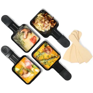 Raclette Pfännchen Mini 4 Stücke Antihaftbeschichtet Grill Pfännchen Grillpfännchen Viereckig Mini Raclette Grill mit 4 Holzschaufel für Universal Elektrogrill Käse Eier