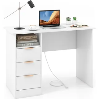 COSTWAY Schreibtisch mit 3 Schubladen und Ladestation, Kleiner Computertisch, Kinderschreibtisch, moderner Bürotisch, PC-Tisch weiß 108 x 48 x 76cm - Weiß