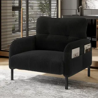MODFU Relaxsessel Posterstuhl mit praktische Seitentasche,Loungesessel Einsitzer mit Armlehnen,Polstersessel aus Cord,Schwarz - Schwarz