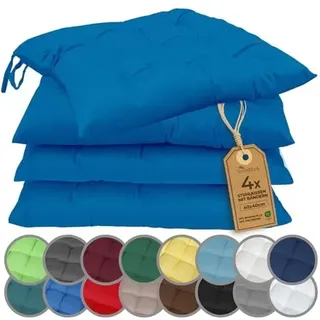 NatureMark 4er Set Stuhlkissen mit Bändern 40x40 cm – Gefüllte Sitzkissen, Outdoor & Indoor – Royal Blau