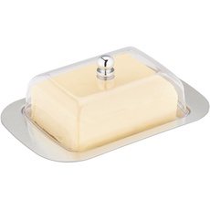 Relaxdays Butterdose, mit Deckel, Edelstahl & Kunststoff, 250 g Butter, 7x18,5x12 cm, Butterschale, Silber/transparent