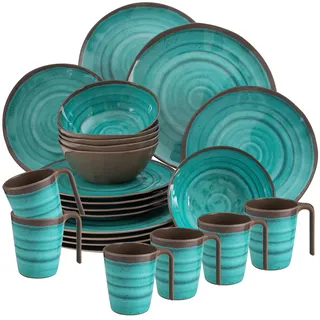 Melamin Geschirr Set 6 Personen Steingut Optik grün-braun 24 Teile Tassen