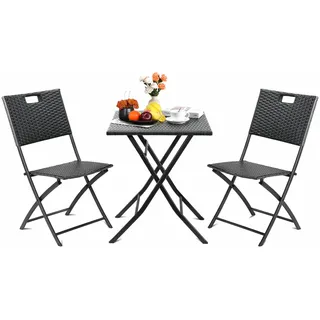 Clevich Bistro Gartenmöbel Set 3 Teilig Rattan, Balkonmöbel Rattan mit 1 Klapptische und 2 Stühle, Balkonmöbel Kleiner Balkon, Klappbar Sitzgruppe, Klappmöbel für Balkon,Terrasse und Garten (Grau)