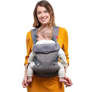 YOU+ME 4-in-1 Babytrage Neugeborene ab Geburt bis Kleinkind (3,2–14,5 kg) - Ergonomische, hüftfreundliche Baby Trage mit atmungsaktiven 3D-Mesh-Einsätzen, Baby Tragegurt mit 2-in-1-Lätzchen (Grau)