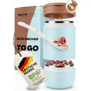 NetroxHome - Müslibecher To Go mit Löffel, Auslaufsicherer Joghurtbecher To Go aus Edelstahl, Lunchbox, Müslibecher - To Go Becher für Müsli, Joghurt, Porridge, Suppen - Müsli To Go Becher - Kinder
