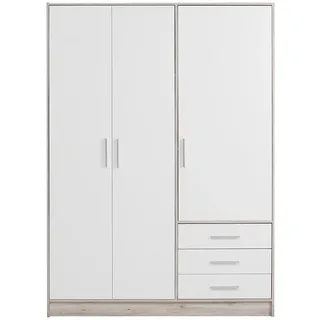 FORTE Jupiter Schrank 140 150, Kleiderschrank, Drehtürenschrank, 3-türig, mit 3 Schubladen und Einlegeböden, Weiß mit Holz Dekor: Sandeiche, 145 cm breit x 60 cm tief x 200 cm hoch