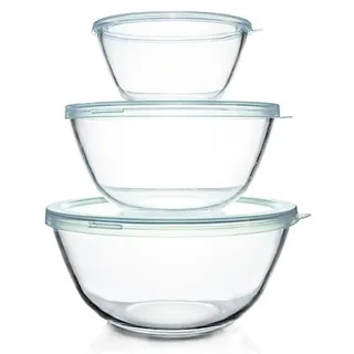 Luvan Glas Rührschüssel mit Deckel 3er-Set (4.2 L,2.5 L,1 L), Große Rund Salatschüsseln für die Küche, ideal zum Aufbewahren von Lebensmitteln, Kochen, Backen, Vorbereiten, Spülmaschinenfest