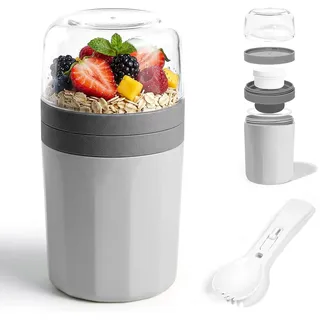 Romon Joghurtbecher to Go, 520ml+250ml Grau Doppelwandiger Müslibecher mit Integrierter Gabel-Löffel-Kombination, Auslaufsicherer Frühstücksbecher mit Separater Soßenbox für Oats, Porridge und Joghurt