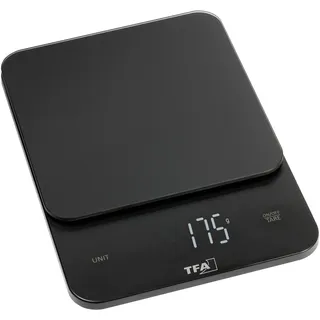 TFA Dostmann Digitale Küchenwaage BROWNIE bis 5 kg, 50.2008, Glasoberfläche, Tara-Funktion, Sensortasten, beleuchtetes LED-Display, flach & kompakt, modern, schwarz