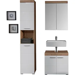 Badmöbel-Set WELLTIME "Avena", weiß (asteiche, weiß hochglanz), Holzwerkstoff, Kunststoff, Metall, Kastenmöbel-Sets, Badmöbel-Set, Badmöbel-Set: Hochschrank, Spiegelschrank & Waschbeckenunterschrank