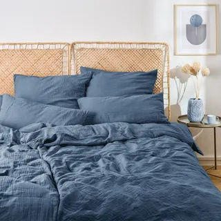 Blumtal Musselin Bettwäsche 135x200 cm im 4er Set Dunkelblau - Dunkelblau