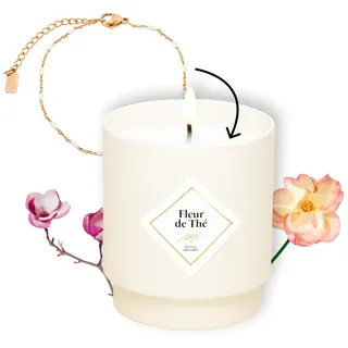 MY JOLIE CANDLE - Duftkerze mit Teeblütenduft – vergoldetes Armband aus Edelstahl mit cremefarbenen Perlen – perfektes Geschenk für Weihnachten und Geburtstag – Wachs auf pflanzlicher Basis