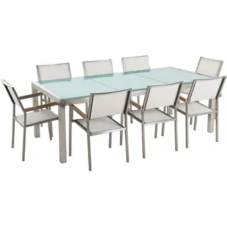 Beliani Gartenmöbel Set weiß Sicherheitsglas Edelstahl Tisch 220 cm 8 Stühle Terrasse Outdoor Modern - Weiß, Transparent, Silberfarben , Glas , Gartenmöbel, Gartengarnituren, Gartenmöbel-Sets