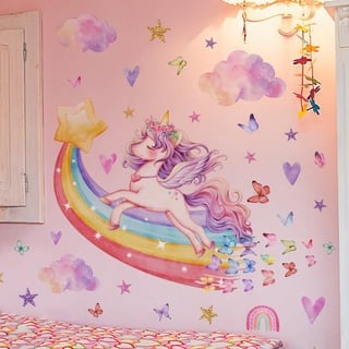 COVPAW Wandtattoo Regenbogen Einhorn Wandaufkleber Blumen Wolken Schmetterlinge Mädchen Wandsticker Wanddeko für Mädchenzimmer Kinderzimmer Babyzimmer (Einhorn auf Regenbogen)