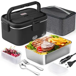 AUTOPkio Elektrische Lunchbox 1,8L 80W, 12V 24V 220V Großer Beheizbare Speisenwärmer mit Tasche Edelstahl Gabel Löffel für Auto LKW Büro (Schwarz)