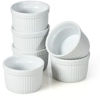 WishDeco Creme Brulee Schälchen 6er Set, Souffle Förmchen Porzellan 200ml, Kleine Dessertschalen, Dipschalen Weiß, Auflaufform Keramik für Muffins, Pasteis