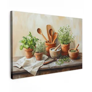 MuchoWow Leinwandbild Töpfe - Kräuter - Holz Wanddeko 90x60 cm , Textil , Rechteckig , 90x60 cm , FSC 100% , gerahmt , Bilder & Rahmen, Bilder, Leinwandbilder