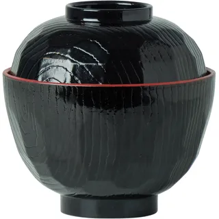 JADE TEMPLE Miso Schüssel Set, 10,5cm Ø, mit Deckel, schwarz-rot, 2-teilig, asiatisches Geschirr Set aus Kunststoff für Miso Suppe, Ramen & Dips, 330ml Füllmenge, 1 Set